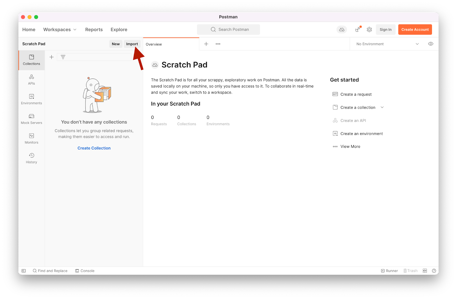 Screenshot of postman import button